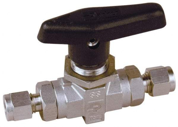 Parker - 1/8" Pipe, Stainless Steel, Inline, Two Way Flow, Instrumentation Ball Valve - 6,000 psi WOG Rating, Wedge Handle, PTFE Seal, PTFE Seat - Americas Industrial Supply