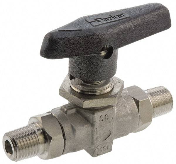 Parker - 1/2" Pipe, MNPT x MNPT End Connections, Stainless Steel, Inline, Two Way Flow, Instrumentation Ball Valve - 6,000 psi WOG Rating, Wedge Handle, PTFE Seal, PTFE Seat - Americas Industrial Supply