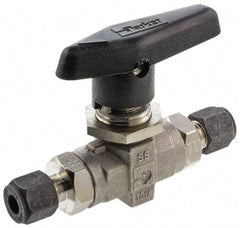 Parker - 1/4" Pipe, Compression x Compression CPI End Connections, Stainless Steel, Inline, Two Way Flow, Instrumentation Ball Valve - 6,000 psi WOG Rating, Wedge Handle, PTFE Seal, PTFE Seat - Americas Industrial Supply