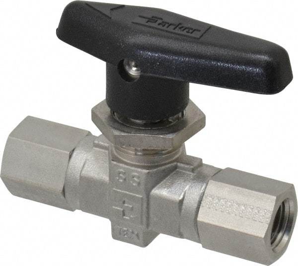 Parker - 1/4" Pipe, FNPT x FNPT End Connections, Stainless Steel, Inline, Two Way Flow, Instrumentation Ball Valve - 6,000 psi WOG Rating, Wedge Handle, PTFE Seal, PTFE Seat - Americas Industrial Supply