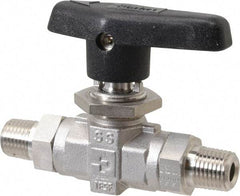 Parker - 1/4" Pipe, MNPT x MNPT End Connections, Stainless Steel, Inline, Two Way Flow, Instrumentation Ball Valve - 6,000 psi WOG Rating, Wedge Handle, PTFE Seal, PTFE Seat - Americas Industrial Supply