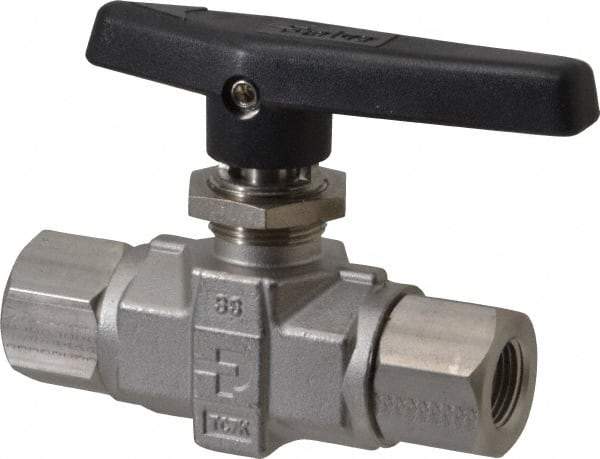 Parker - 3/8" Pipe, FNPT x FNPT End Connections, Stainless Steel, Inline, Two Way Flow, Instrumentation Ball Valve - 6,000 psi WOG Rating, Wedge Handle, PTFE Seal, PTFE Seat - Americas Industrial Supply