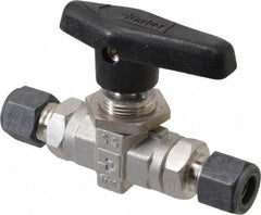 Parker - 3/8" Pipe, Compression x Compression CPI End Connections, Stainless Steel, Inline, Two Way Flow, Instrumentation Ball Valve - 6,000 psi WOG Rating, Wedge Handle, PTFE Seal, PTFE Seat - Americas Industrial Supply