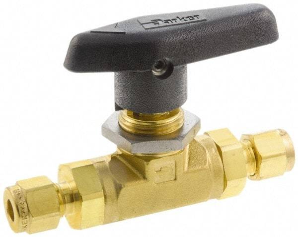 Parker - 1/4" Pipe, Brass, Inline, Two Way Flow, Instrumentation Ball Valve - 3,000 psi WOG Rating, Wedge Handle, PTFE Seal, PTFE Seat - Americas Industrial Supply