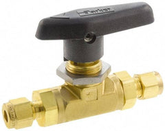 Parker - 3/8" Pipe, Brass, Inline, Two Way Flow, Instrumentation Ball Valve - 3,000 psi WOG Rating, Wedge Handle, PTFE Seal, PTFE Seat - Americas Industrial Supply