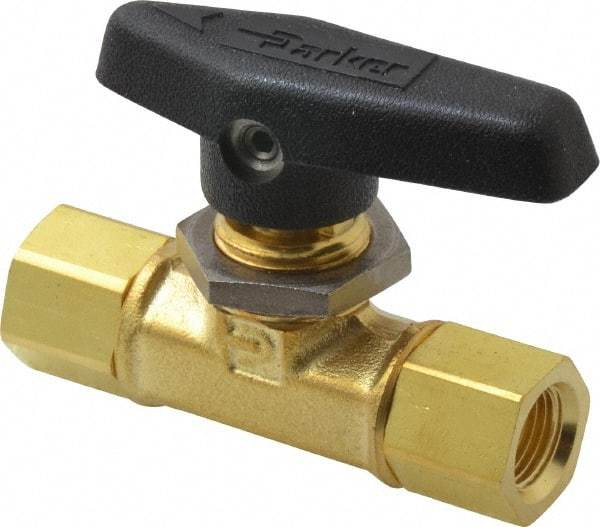 Parker - 1/8" Pipe, FNPT x FNPT End Connections, Brass, Inline, Two Way Flow, Instrumentation Ball Valve - 3,000 psi WOG Rating, Wedge Handle, PTFE Seal, PTFE Seat - Americas Industrial Supply