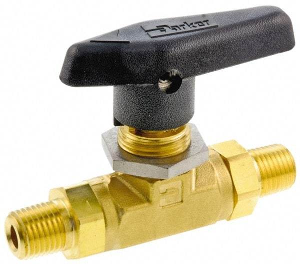 Parker - 3/8" Pipe, MNPT x MNPT End Connections, Brass, Inline, Two Way Flow, Instrumentation Ball Valve - 3,000 psi WOG Rating, Wedge Handle, PTFE Seal, PTFE Seat - Americas Industrial Supply