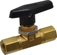 Parker - 1/4" Pipe, FNPT x FNPT End Connections, Brass, Inline, Two Way Flow, Instrumentation Ball Valve - 3,000 psi WOG Rating, Wedge Handle, PTFE Seal, PTFE Seat - Americas Industrial Supply