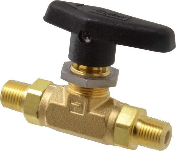 Parker - 1/4" Pipe, MNPT x MNPT End Connections, Brass, Inline, Two Way Flow, Instrumentation Ball Valve - 3,000 psi WOG Rating, Wedge Handle, PTFE Seal, PTFE Seat - Americas Industrial Supply