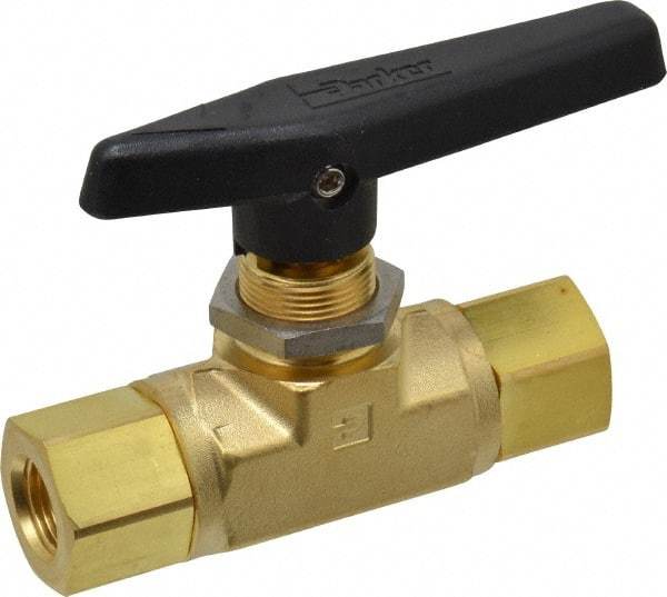 Parker - 3/8" Pipe, FNPT x FNPT End Connections, Brass, Inline, Two Way Flow, Instrumentation Ball Valve - 3,000 psi WOG Rating, Wedge Handle, PTFE Seal, PTFE Seat - Americas Industrial Supply