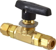 Parker - 3/8" Pipe, Compression x Compression CPI End Connections, Brass, Inline, Two Way Flow, Instrumentation Ball Valve - 3,000 psi WOG Rating, Wedge Handle, PTFE Seal, PTFE Seat - Americas Industrial Supply