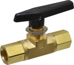 Parker - 1/2" Pipe, FNPT x FNPT End Connections, Brass, Inline, Two Way Flow, Instrumentation Ball Valve - 3,000 psi WOG Rating, Wedge Handle, PTFE Seal, PTFE Seat - Americas Industrial Supply