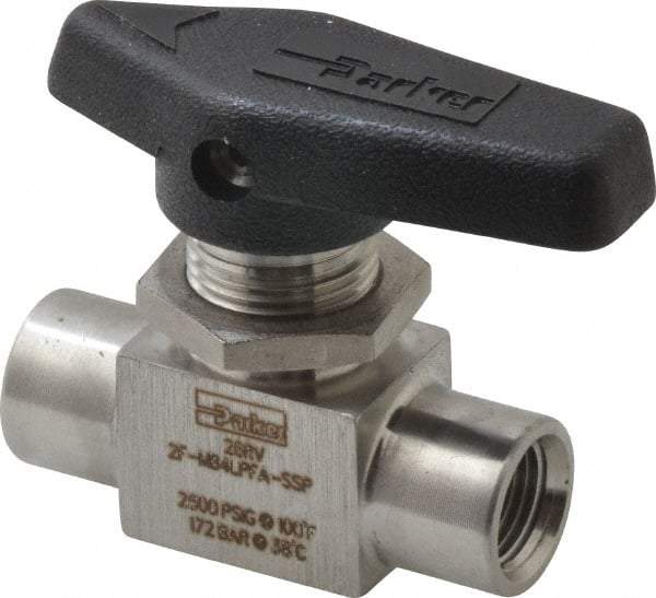 Parker - 1/8" Pipe, FNPT x FNPT End Connections, Stainless Steel, Inline, Two Way Flow, Instrumentation Ball Valve - 2,500 psi WOG Rating, Wedge Handle, PFA Seat - Americas Industrial Supply