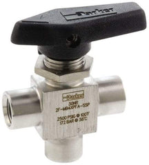 Parker - 1/8" Pipe, FNPT x FNPT x FNPT End Connections, Stainless Steel, Three Way, Instrumentation Ball Valve - 2,500 psi WOG Rating, Wedge Handle, PFA Seat - Americas Industrial Supply