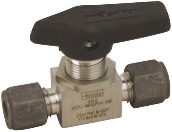 Parker - 1/8" Pipe, Compression x Compression CPI End Connections, Stainless Steel, Inline, Two Way Flow, Instrumentation Ball Valve - 2,500 psi WOG Rating, Wedge Handle, PFA Seat - Americas Industrial Supply