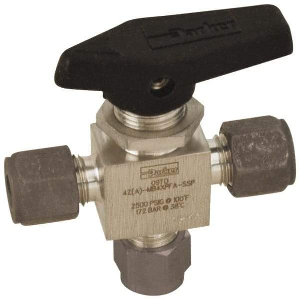 Parker - 3/8" Pipe, Compression x Compression x Compression CPI End Connections, Stainless Steel, Three Way, Instrumentation Ball Valve - 3,000 psi WOG Rating, Wedge Handle, PFA Seat - Americas Industrial Supply