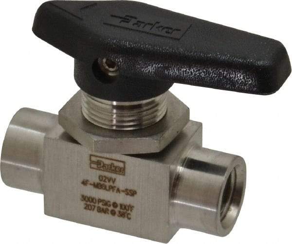 Parker - 1/4" Pipe, FNPT x FNPT End Connections, Stainless Steel, Inline, Two Way Flow, Instrumentation Ball Valve - 3,000 psi WOG Rating, Wedge Handle, PFA Seat - Americas Industrial Supply