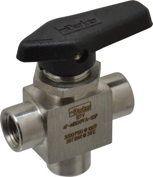 Parker - 1/4" Pipe, FNPT x FNPT x FNPT End Connections, Stainless Steel, Three Way, Instrumentation Ball Valve - 3,000 psi WOG Rating, Wedge Handle, PFA Seat - Americas Industrial Supply