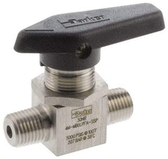 Parker - 1/4" Pipe, MNPT x MNPT End Connections, Stainless Steel, Inline, Two Way Flow, Instrumentation Ball Valve - 3,000 psi WOG Rating, Wedge Handle, PFA Seat - Americas Industrial Supply