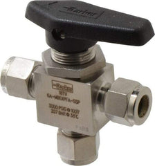 Parker - 3/8" Pipe, Stainless Steel, Three Way, Instrumentation Ball Valve - 3,000 psi WOG Rating, Wedge Handle, PFA Seat - Americas Industrial Supply