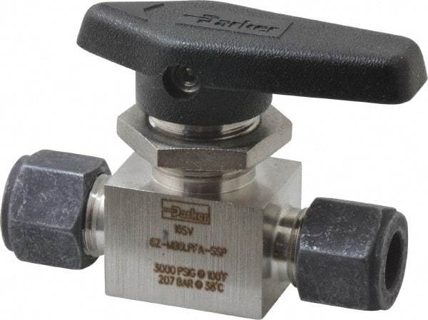 Parker - 3/8" Pipe, Compression x Compression CPI End Connections, Stainless Steel, Inline, Two Way Flow, Instrumentation Ball Valve - 3,000 psi WOG Rating, Wedge Handle, PFA Seat - Americas Industrial Supply