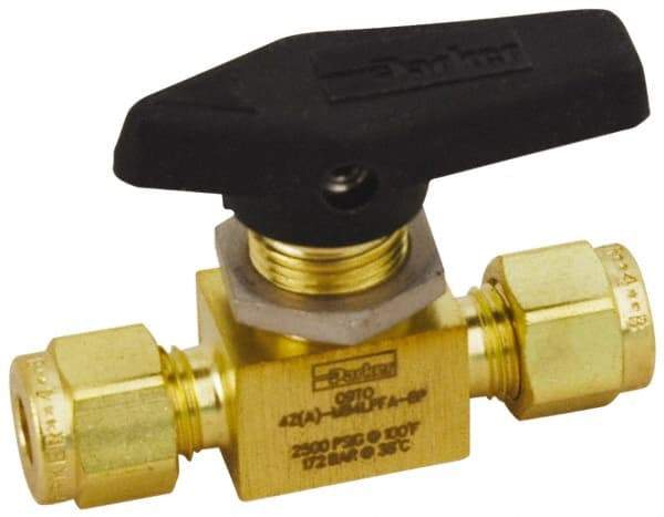 Parker - 1/8" Pipe, Brass, Inline, Two Way Flow, Instrumentation Ball Valve - 2,500 psi WOG Rating, Wedge Handle, PFA Seat - Americas Industrial Supply