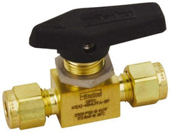 Parker - 3/8" Pipe, Compression x Compression CPI End Connections, Brass, Inline, Two Way Flow, Instrumentation Ball Valve - 3,000 psi WOG Rating, Wedge Handle, PFA Seat - Americas Industrial Supply