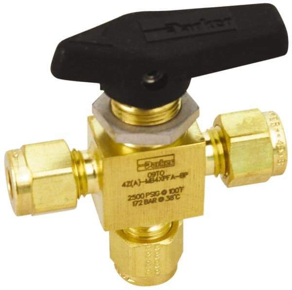 Parker - 3/8" Pipe, Brass, Three Way, Instrumentation Ball Valve - 3,000 psi WOG Rating, Wedge Handle, PFA Seat - Americas Industrial Supply