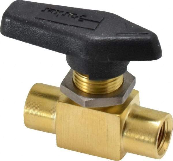 Parker - 1/8" Pipe, FNPT x FNPT End Connections, Brass, Inline, Two Way Flow, Instrumentation Ball Valve - 2,500 psi WOG Rating, Wedge Handle, PFA Seat - Americas Industrial Supply