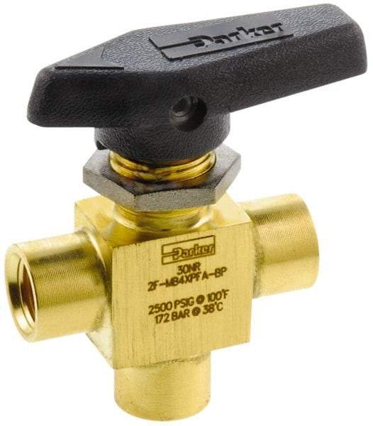 Parker - 1/8" Pipe, FNPT x FNPT x FNPT End Connections, Brass, Three Way, Instrumentation Ball Valve - 2,500 psi WOG Rating, Wedge Handle, PFA Seat - Americas Industrial Supply