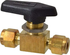 Parker - 1/4" Pipe, Brass, Inline, Two Way Flow, Instrumentation Ball Valve - 2,500 psi WOG Rating, Wedge Handle, PFA Seat - Americas Industrial Supply