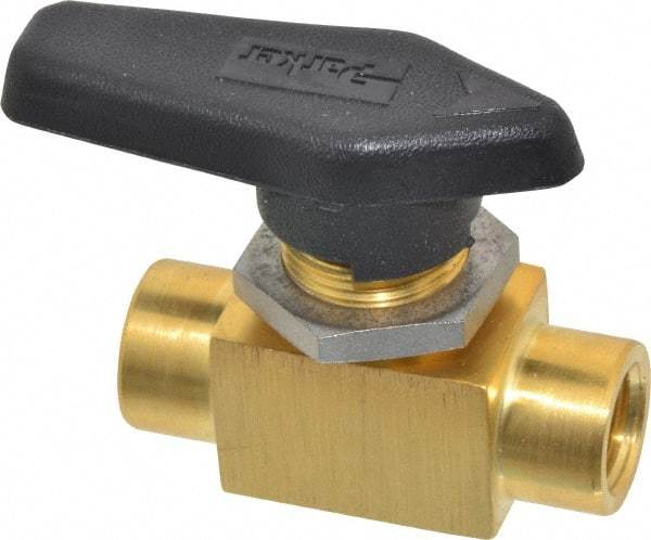 Parker - 1/4" Pipe, FNPT x FNPT End Connections, Brass, Inline, Two Way Flow, Instrumentation Ball Valve - 3,000 psi WOG Rating, Wedge Handle, PFA Seat - Americas Industrial Supply