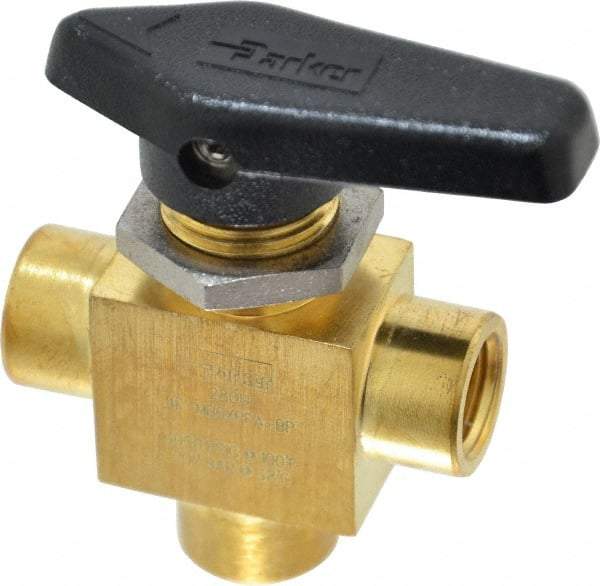 Parker - 1/4" Pipe, FNPT x FNPT x FNPT End Connections, Brass, Three Way, Instrumentation Ball Valve - 3,000 psi WOG Rating, Wedge Handle, PFA Seat - Americas Industrial Supply