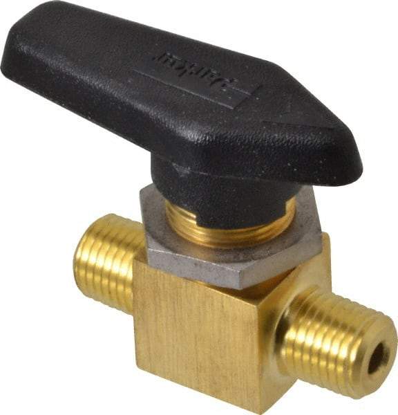 Parker - 1/4" Pipe, MNPT x MNPT End Connections, Brass, Inline, Two Way Flow, Instrumentation Ball Valve - 3,000 psi WOG Rating, Wedge Handle, PFA Seat - Americas Industrial Supply