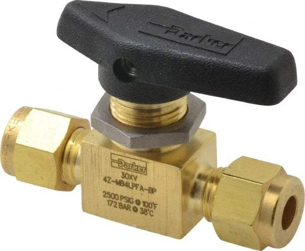 Parker - 1/4" Pipe, Compression x Compression CPI End Connections, Brass, Inline, Two Way Flow, Instrumentation Ball Valve - 2,500 psi WOG Rating, Wedge Handle, PFA Seat - Americas Industrial Supply