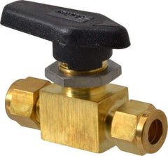 Parker - 3/8" Pipe, Brass, Inline, Two Way Flow, Instrumentation Ball Valve - 3,000 psi WOG Rating, Wedge Handle, PFA Seat - Americas Industrial Supply