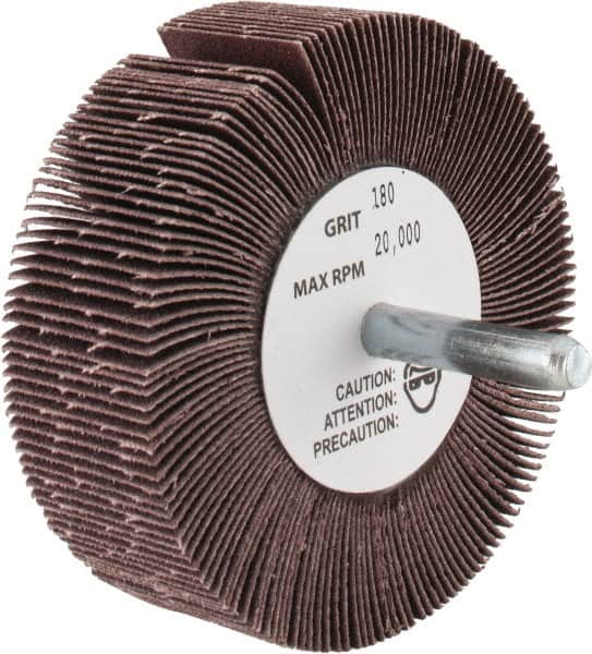 Merit Abrasives - 3" Diam x 1" Face Width, Very Fine Aluminum Oxide Coated Mounted Flap Wheel - 1/4" Shank Mount, 180 Grit, 30,000 Max RPM - Americas Industrial Supply
