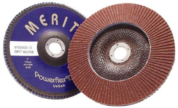 Merit Abrasives - 40 Grit, 7" Disc Diam, 7/8" Center Hole, Type 29 Ceramic Flap Disc - 8,600 Max RPM, Coated - Americas Industrial Supply