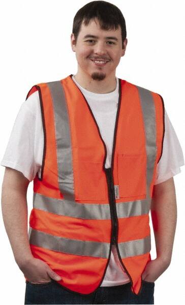 PRO-SAFE - Size L High Visibility Orange Solid Surveyor's Vest - 39 to 43" Chest, ANSI 107-2004, Zipper Closure, 12 Pockets, Polyester - Americas Industrial Supply