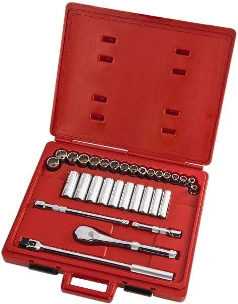 Proto - 31 Piece 1/2" Drive Full Polish Finish Deep Well Socket Set - 12 Points, 10mm to 26mm Range, Metric Measurement Standard - Americas Industrial Supply