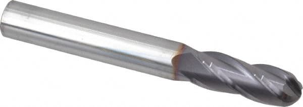 Niagara Cutter - 3/8" Diam, 1" LOC, 4 Flute Solid Carbide Ball End Mill - TiAlN Finish, Single End, 3" OAL, 3/8" Shank Diam, Spiral Flute - Americas Industrial Supply