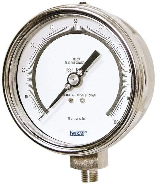 Wika - 4" Dial, 1/4 Thread, 0-150 Scale Range, Pressure Gauge - Lower Connection Mount, Accurate to 0.25% of Scale - Americas Industrial Supply