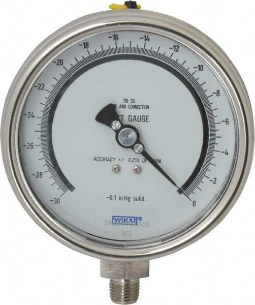 Wika - 4" Dial, 1/4 Thread, 30-0 Scale Range, Pressure Gauge - Lower Connection Mount, Accurate to 0.25% of Scale - Americas Industrial Supply