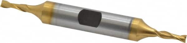 Hertel - 1/8", 3/8" LOC, 3/8" Shank Diam, 3-1/16" OAL, 2 Flute, Cobalt Square End Mill - Double End, TiN Finish, Spiral Flute, 30° Helix, Centercutting, Right Hand Cut, Right Hand Flute - Americas Industrial Supply