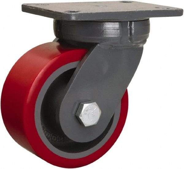 Hamilton - 6" Diam x 3" Wide x 8" OAH Top Plate Mount Swivel Caster - Polyurethane Mold onto Cast Iron Center, 2,600 Lb Capacity, Tapered Roller Bearing, 5-1/4 x 7-1/4" Plate - Americas Industrial Supply