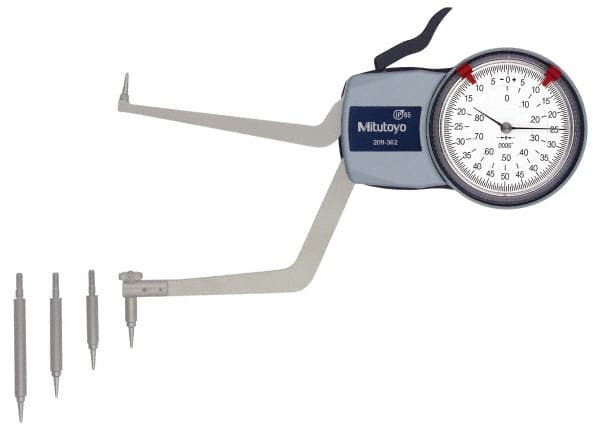 Mitutoyo - 3.6 to 5.6" Inside Dial Caliper Gage - 0.0005" Graduation, 0.0015" Accuracy, 3.3" Leg Length, 0.31" Deep x 0.06" Wide Groove, Ball Contact Points - Americas Industrial Supply