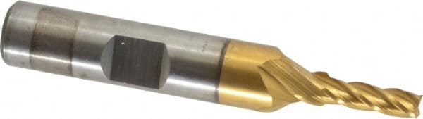 Cleveland - 5/32", 1/2" LOC, 3/8" Shank Diam, 2-3/8" OAL, 4 Flute, High Speed Steel Square End Mill - Single End, TiN Finish, Spiral Flute, 30° Helix, Centercutting, Right Hand Cut, Right Hand Flute, Series HG-4C - Americas Industrial Supply