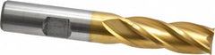 Cleveland - 1/2", 1-1/4" LOC, 1/2" Shank Diam, 3-1/4" OAL, 4 Flute, High Speed Steel Square End Mill - Single End, TiN Finish, Spiral Flute, 30° Helix, Centercutting, Right Hand Cut, Right Hand Flute, Series HG-4C - Americas Industrial Supply