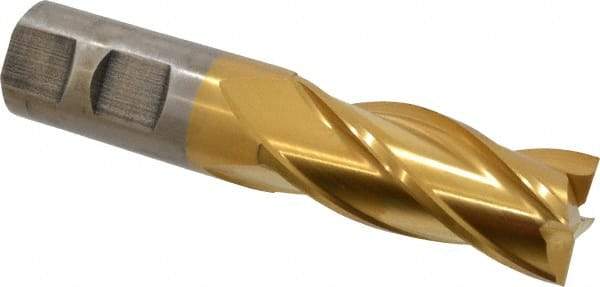 Cleveland - 7/8", 1-7/8" LOC, 7/8" Shank Diam, 4-1/8" OAL, 4 Flute, High Speed Steel Square End Mill - Single End, TiN Finish, Spiral Flute, 30° Helix, Centercutting, Right Hand Cut, Right Hand Flute, Series HG-4C - Americas Industrial Supply