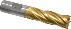 Cleveland - 25/32", 1-7/8" LOC, 3/4" Shank Diam, 4-1/8" OAL, 4 Flute, High Speed Steel Square End Mill - Single End, TiN Finish, Spiral Flute, 30° Helix, Centercutting, Right Hand Cut, Right Hand Flute, Series HG-4C - Americas Industrial Supply
